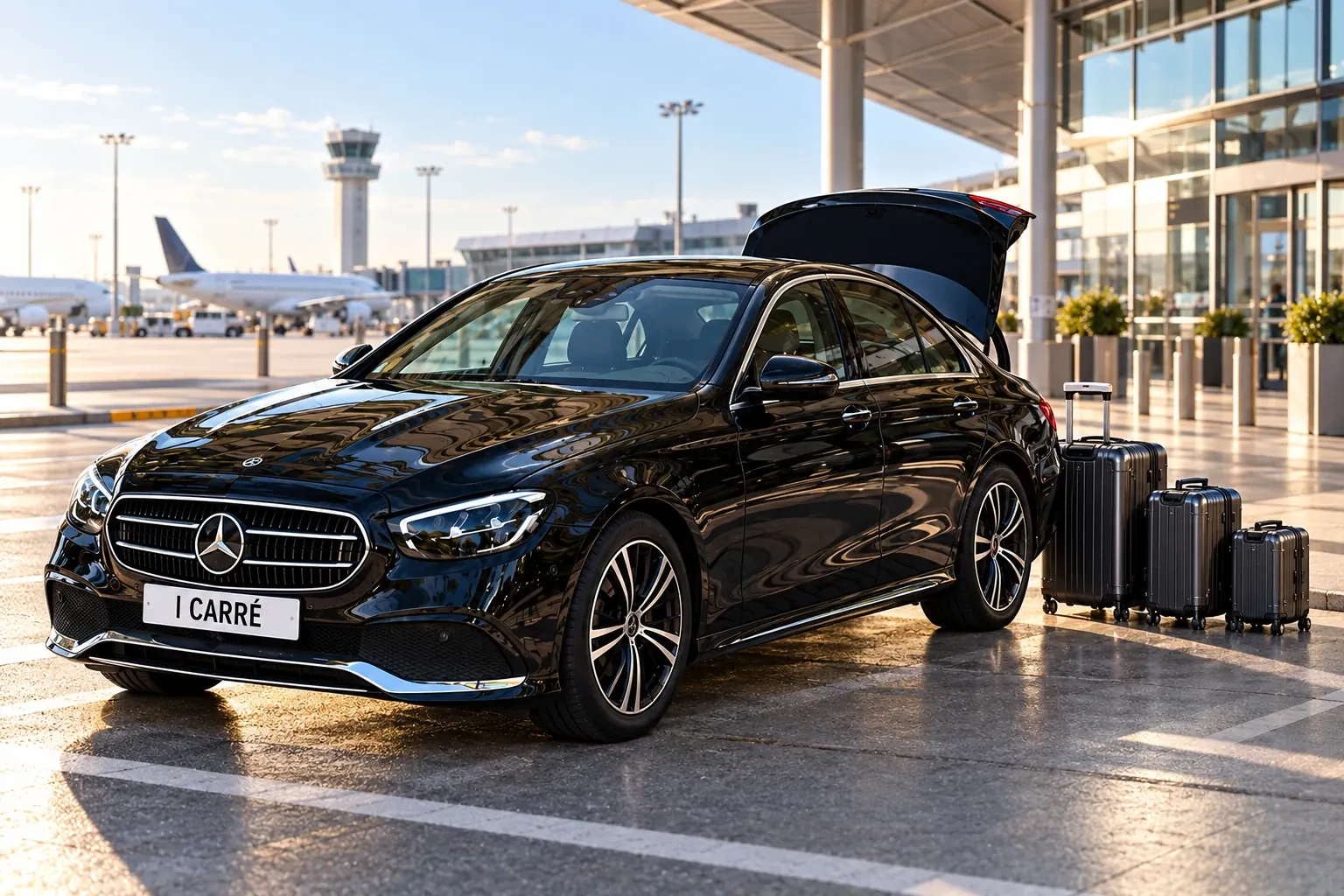 Van VTC VSS-Cab chargé de bagages pour un transfert vers l'aéroport de Lyon